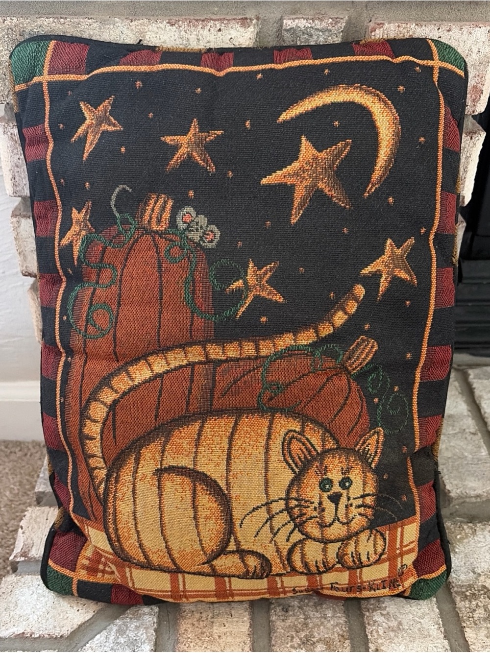 Susan Fouts-Kline Fall Harvest Tapestry Pillow cat,pumpkins & Stars 14"